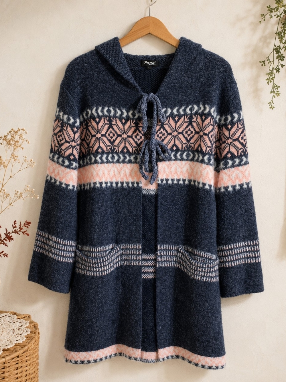 Papa Vancouver Fair Isle Nordic Hooded Long Cardigan Navy Pink L - Ptp25" L39"